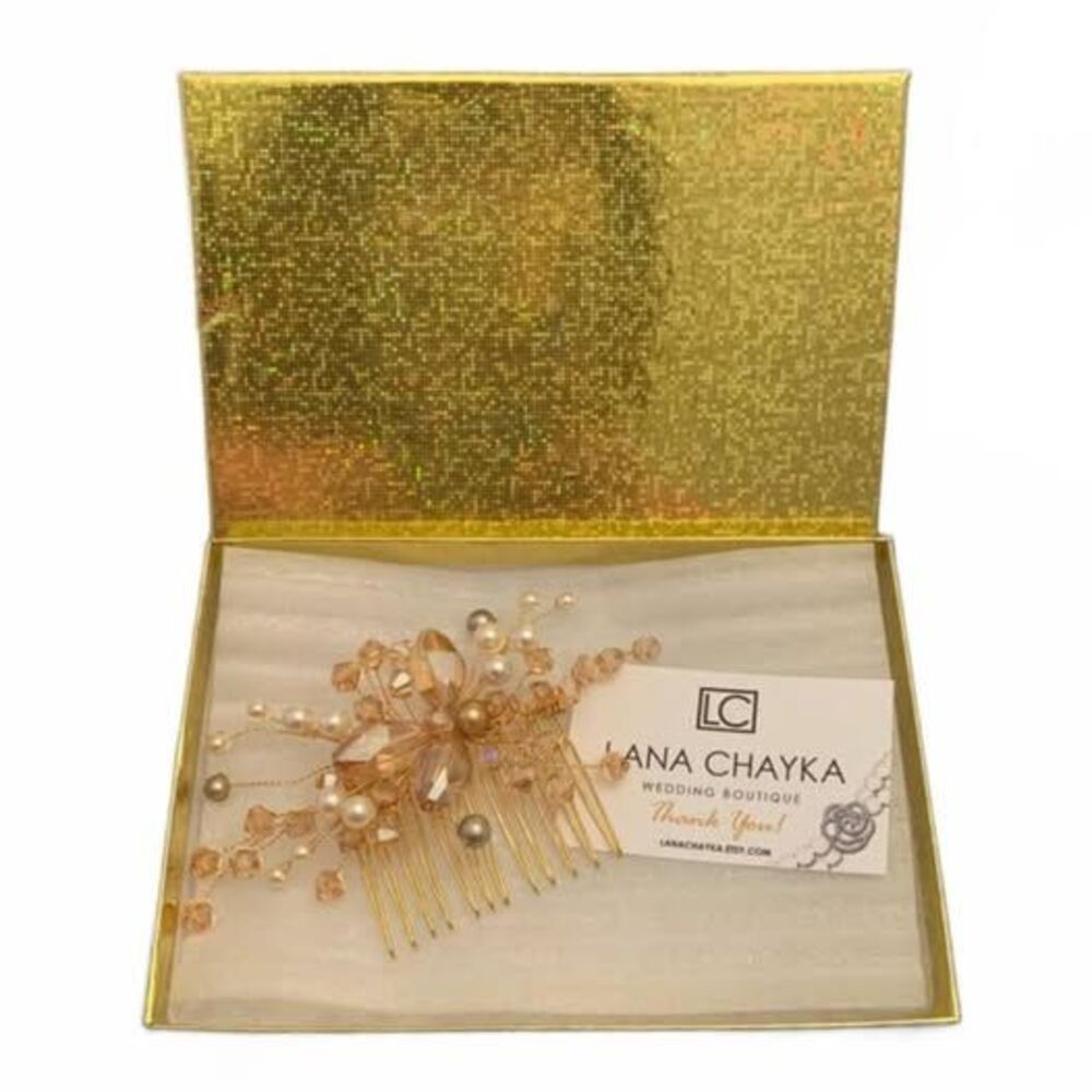 Champagne Crystal White Pearl Gold formal Wear Side Hair Comb, Golden Floral